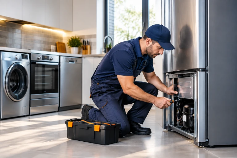 Technician repairing refrigerator in Cape Coral home